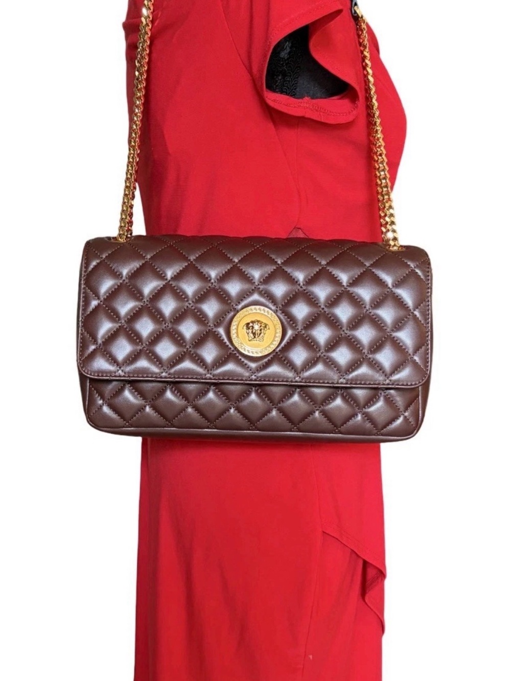 Versace La Medusa Brown Quilted Lambskin Leather Medium Crossbody Shoulder Bag - Picture 2 of 16